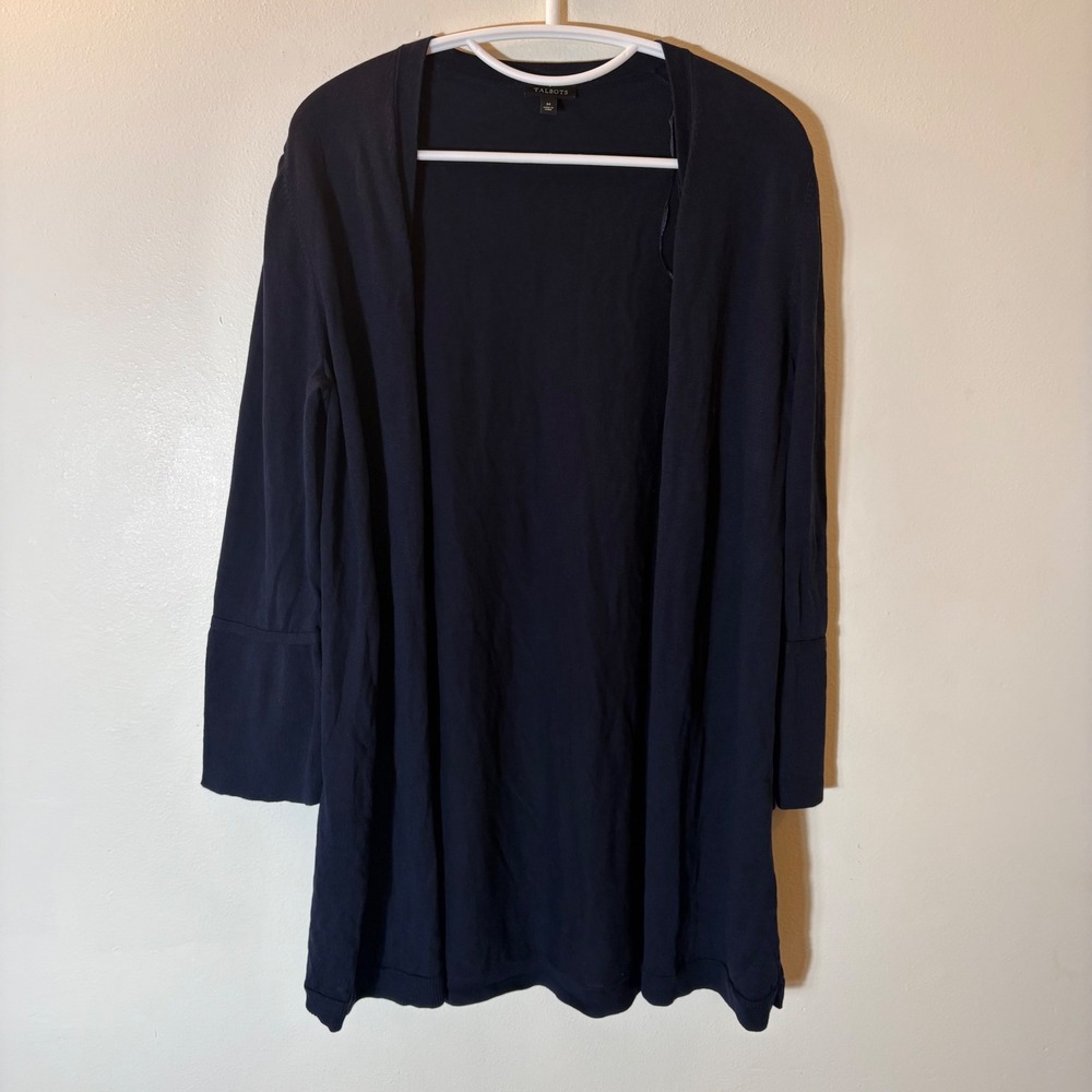 Talbots Navy Blue Cotton Tencel Open Front Cardigan Bell Cuff Size Medium